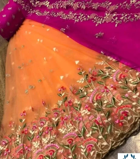 ALISHA Semi Stitched Silk Blouse Net Bottom Superior Women Lehenga - Semi Stitiched, orange & Pink, Top Fabric: Silk Bottom & Dupatta Fabric:Net, Multipack :1